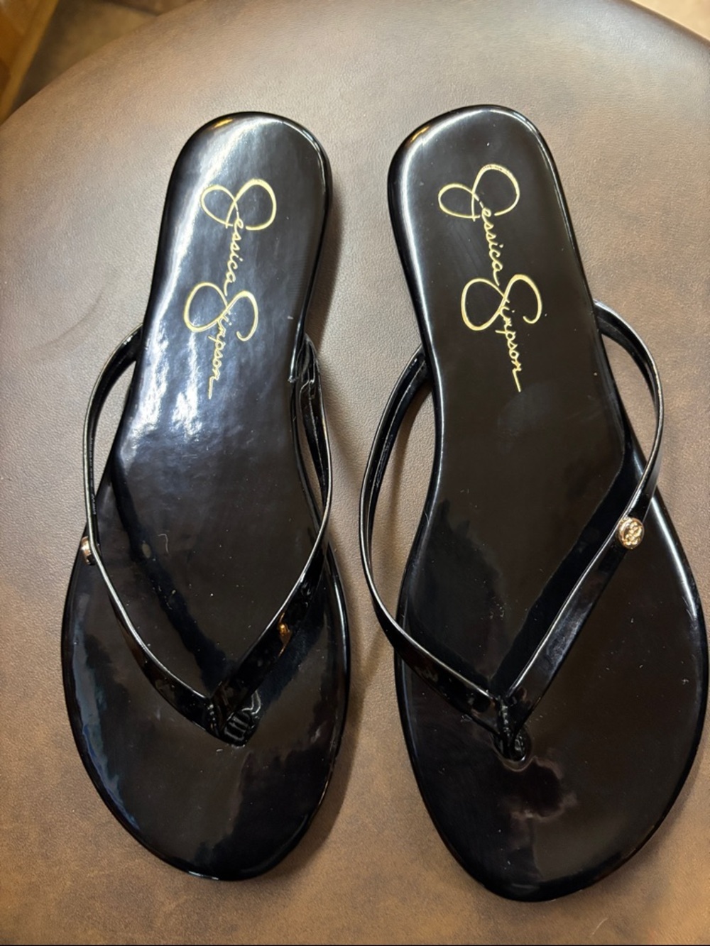 Jessica Simpson Black Patent Thong Sandals with Gold Accent